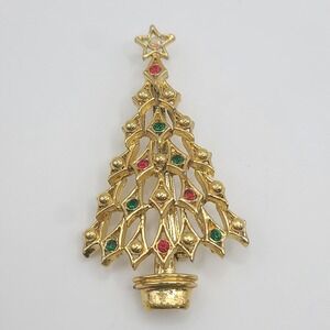 Vintage Christmas Tree Brooch Red Green Gold Tone Signed Tancer II